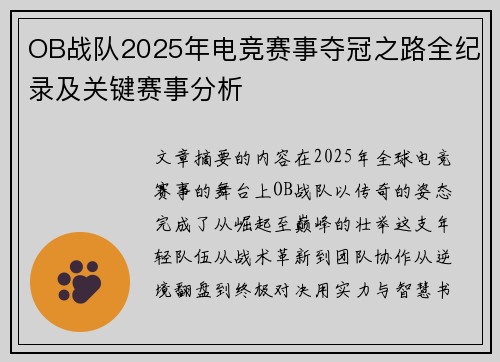 OB战队2025年电竞赛事夺冠之路全纪录及关键赛事分析